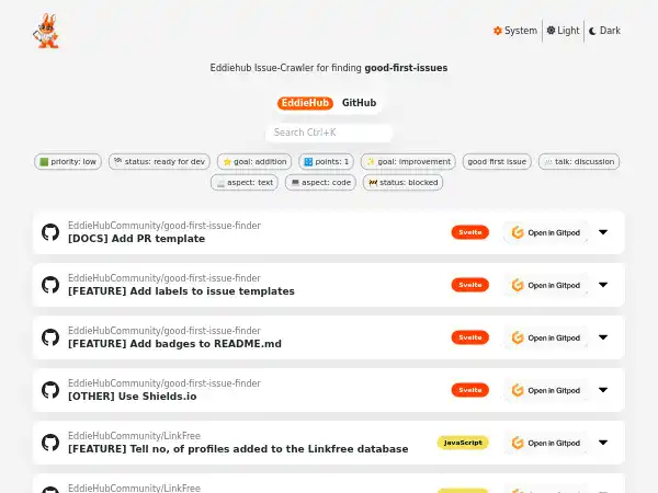 Screenshot of Good First Issue Finder