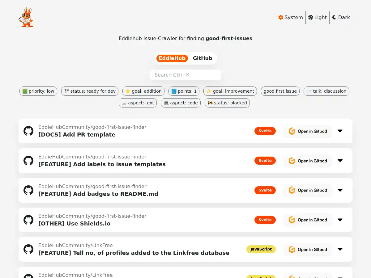 Screenshot of Good First Issue Finder